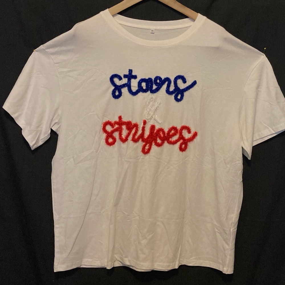 Stars and Stripes Glitter‎ Ribbon Short Sleeved Tee | 2XL | Red, White, & Blue